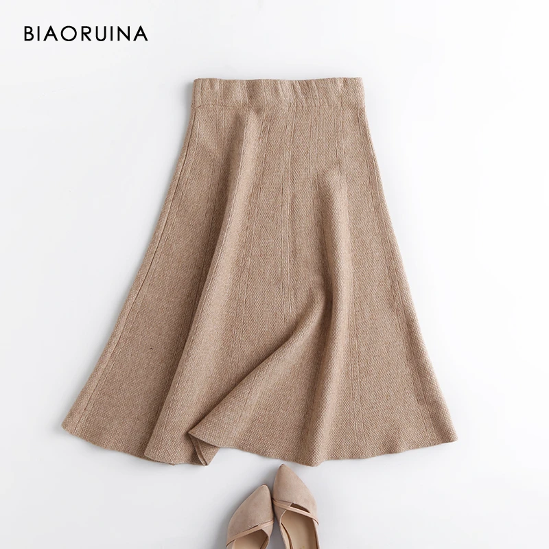 

BIAORUINA Women's Solid Color High Waist Elegant Knitted A-line Skirt Ladies All-match Autumn Fashion Skirts One Size