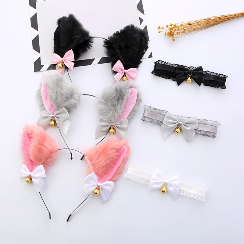 

Furry Cat Ears Headwear with Bow Bells Lace Choker Collar Set Headband Accessories for Festival Fluffy Cute Hair Hoop