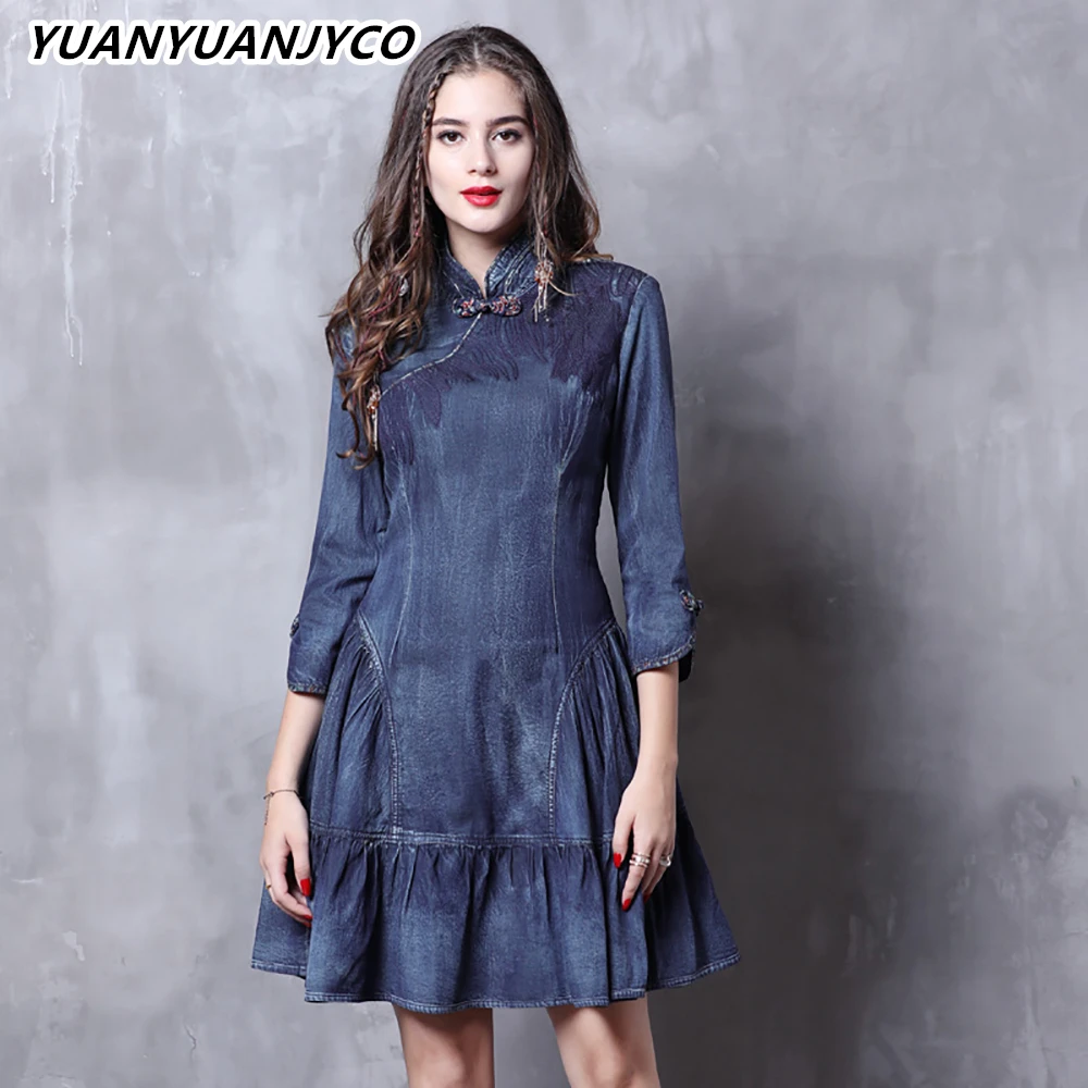 

YUANYUANJYCO Spring Autumn Women Short Indie Folk Denim Dress LYQ22 Embroidery Floral Ruffles Stand Collar A-Line Short Clothes