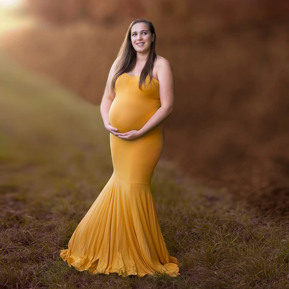 Don&Judy Photography Golden Autumn Maxi Long Stretchy Mom & Daughter Set Dresses Pregnant Women Maternity Gown for Photo Shoot