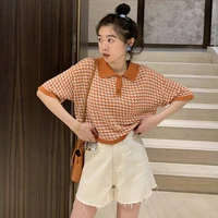 women summer loose casual short sleeve lapel plaid t shirts vintage houndstooth pattern tops