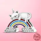 Подлинные бусины-шармы из серебра 925 пробы с эмалью, радуга, фианитом, кошка, киска, подходят для оригинального браслета Pandora, серебро 925 пробы, изготовление ювелирных изделий
