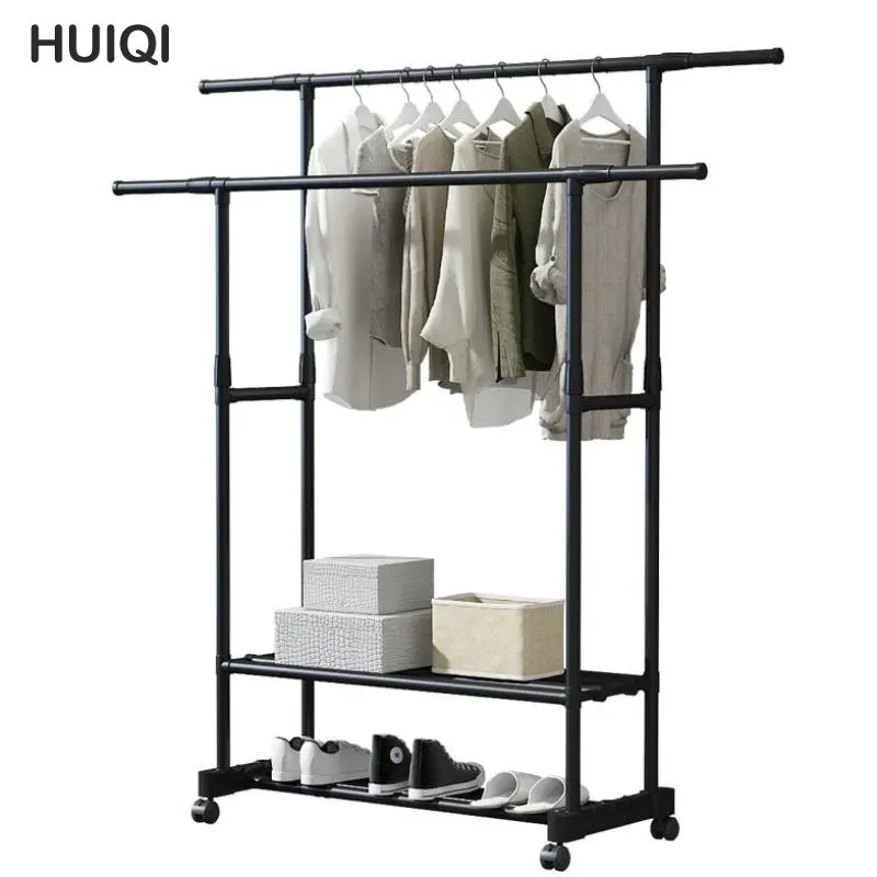

Double Pole Clothing Hanger Rack Adjustable Coat Rack Living Room Shoes Shelf Household Multifunctional Drying Rack with Wheels