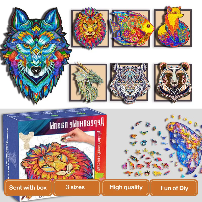 

Colorful Wooden Puzzle Animals Fox Lion Tiger Wolf Dragon Cartoon Figures Wood Jigsaw Puzzles For Adults Kids Toys