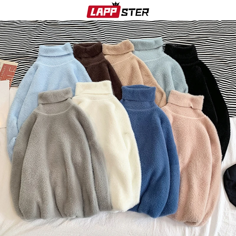 Мужской бархатный свитер LAPPSTER зимний однотонный цветной с высоким воротником в