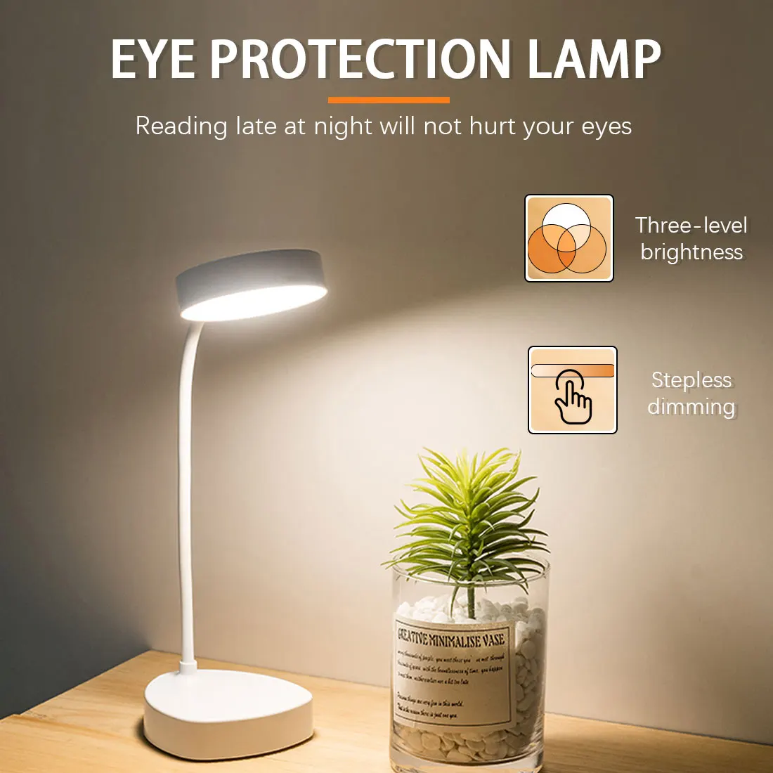 

20Pcs LED Reading Lamp 3 Speed Touch Dimming USB Charging Plug-in White Warm Eye Protection Student Table Light