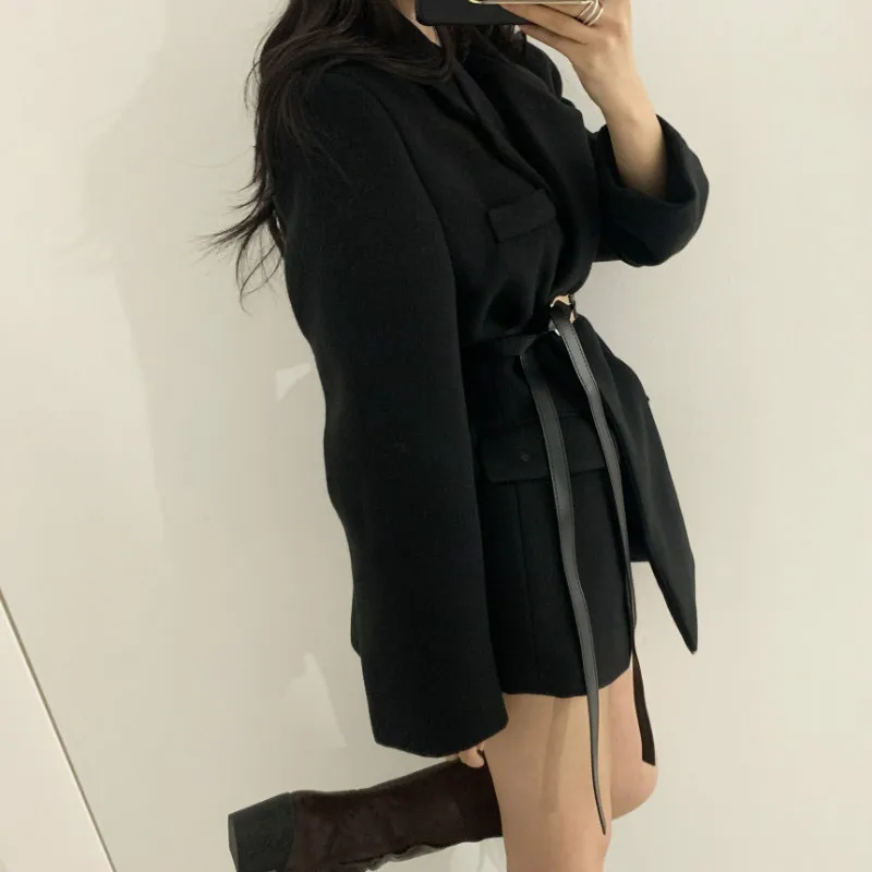 

Autumn Women Korean Chic Blazer With Belt Office Lady Temperament Blazers Two Buttons Slim Long Sleeve Wool Blends Coat Jacket