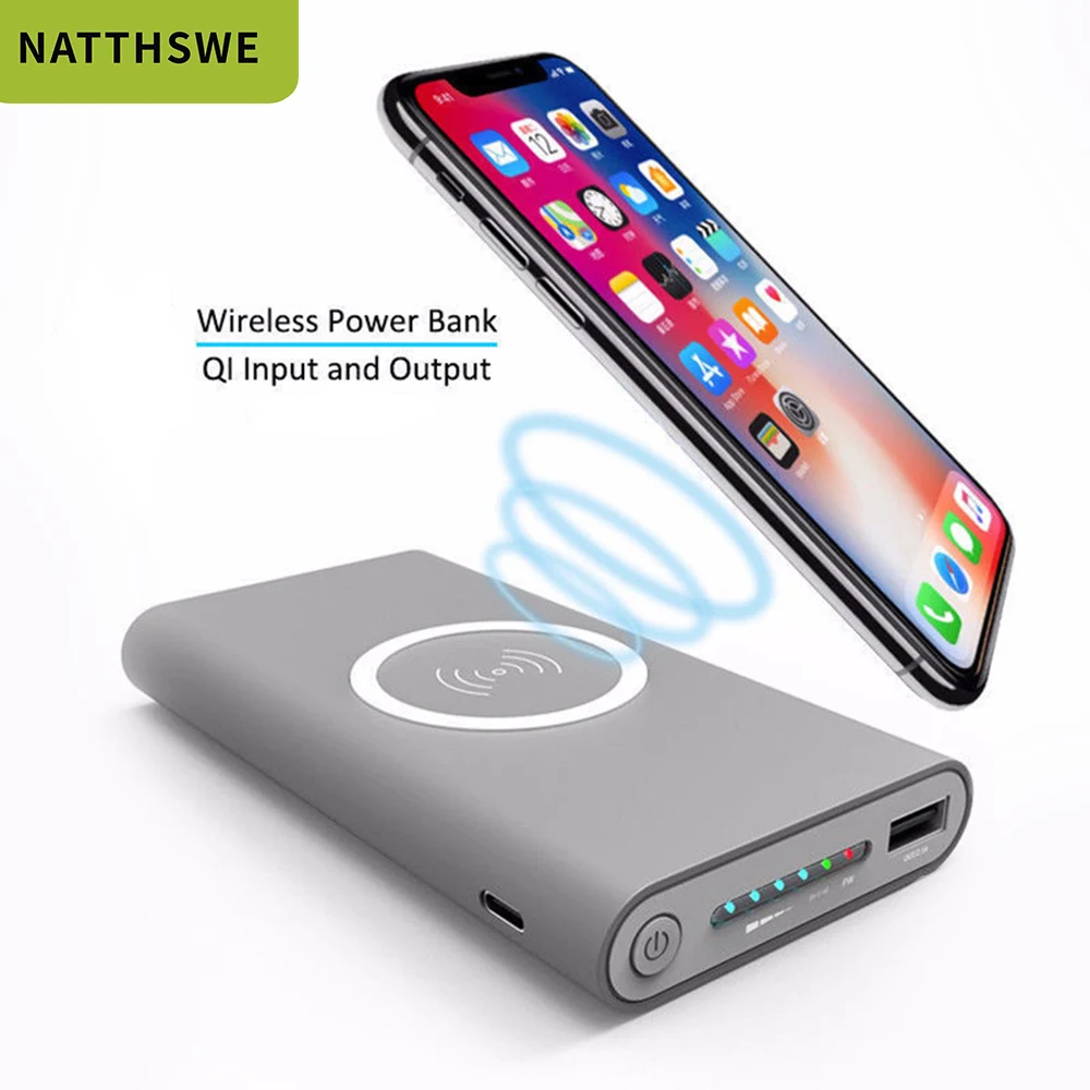 Портативный внешний аккумулятор NATTHSWE Qi 10000 мАч с беспроводной зарядкой большой