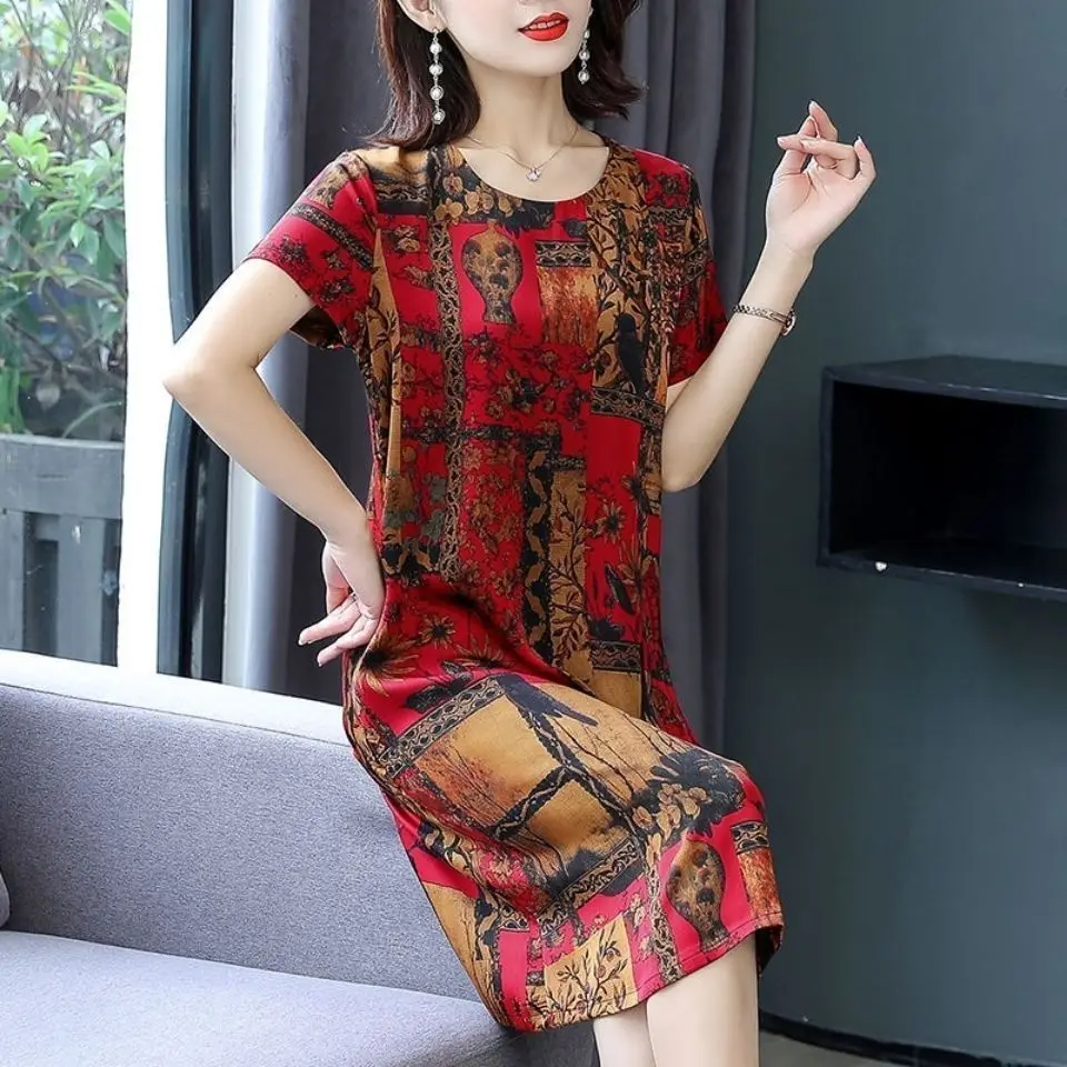 

21 summer Korean version of ice silk printed dress long summer new middle-aged and elderly mother women's dress tide