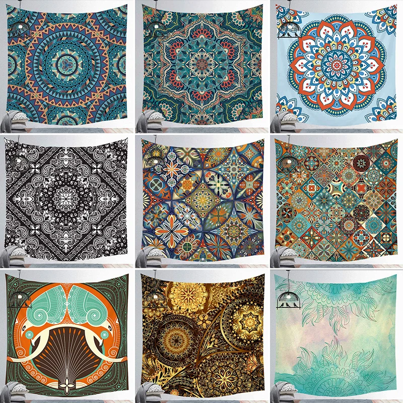 

Bohemia Tapestry Mandala Polyester Tapestry Bless Indian Hippie Psychedelic Peacock for Wall Hanging Decor Bedroom Home Textile