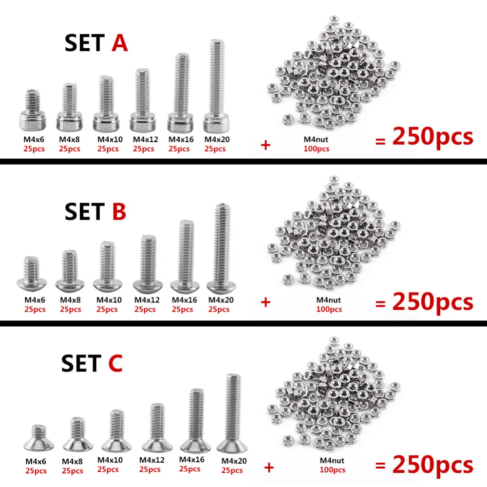 

250 шт., набор винтов и гаек M4 из нержавеющей стали