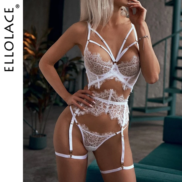 Ellolace Erotic Lingerie Sexy Underwear Lace Hollow Out Transparent Exotic Sets Sensual Underwire Bra and Panty Set with Garters 1