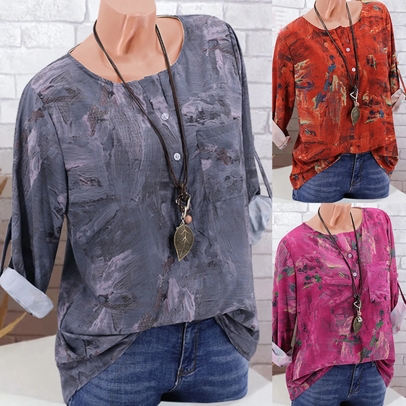 

Plus Size Women's Floral Long Sleeve Blouse Baggy V-Neck T-Shirt Tunic Top Retro
