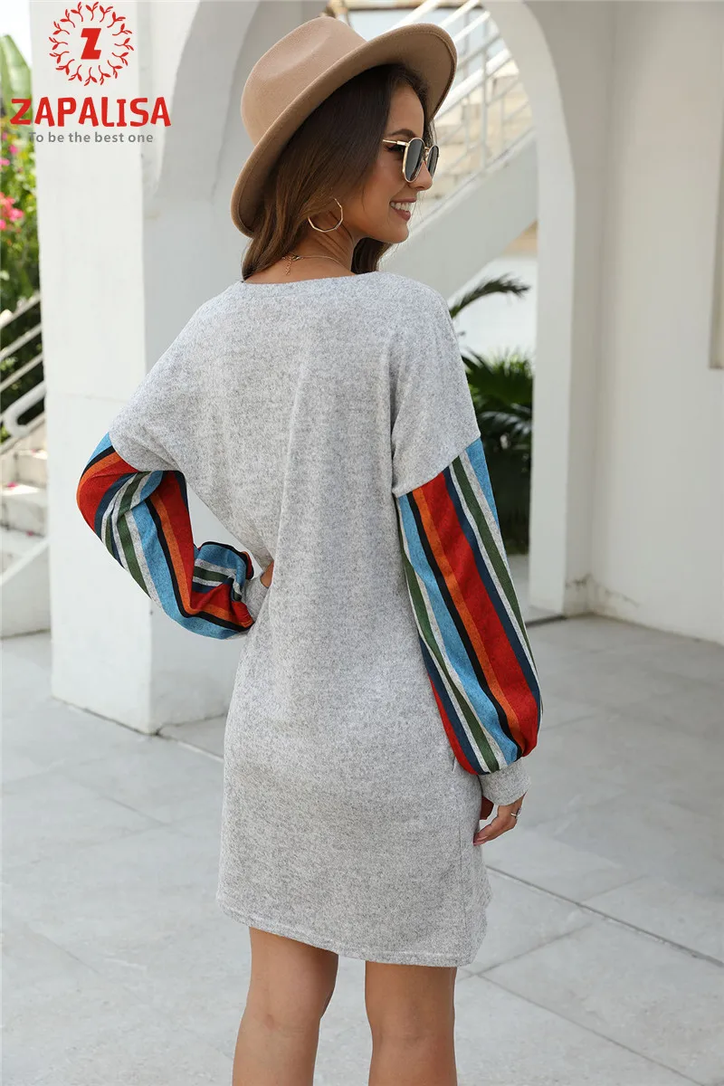 

Fashion Casual Loose Dress for Women Color Matching Design Pockets Decor O-Neck Long Sleeve Mid Waist Pullovers Mini Dress