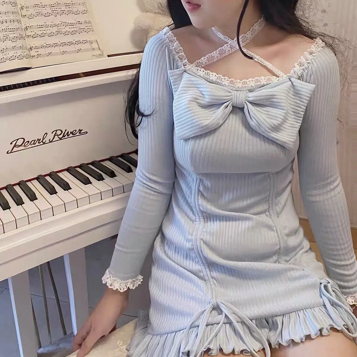 

Винтажное осеннее синее милое платье Kawaii, японское элегантное корейское цельное платье для вечерние НКИ, пикантное дизайнерское платье лол...