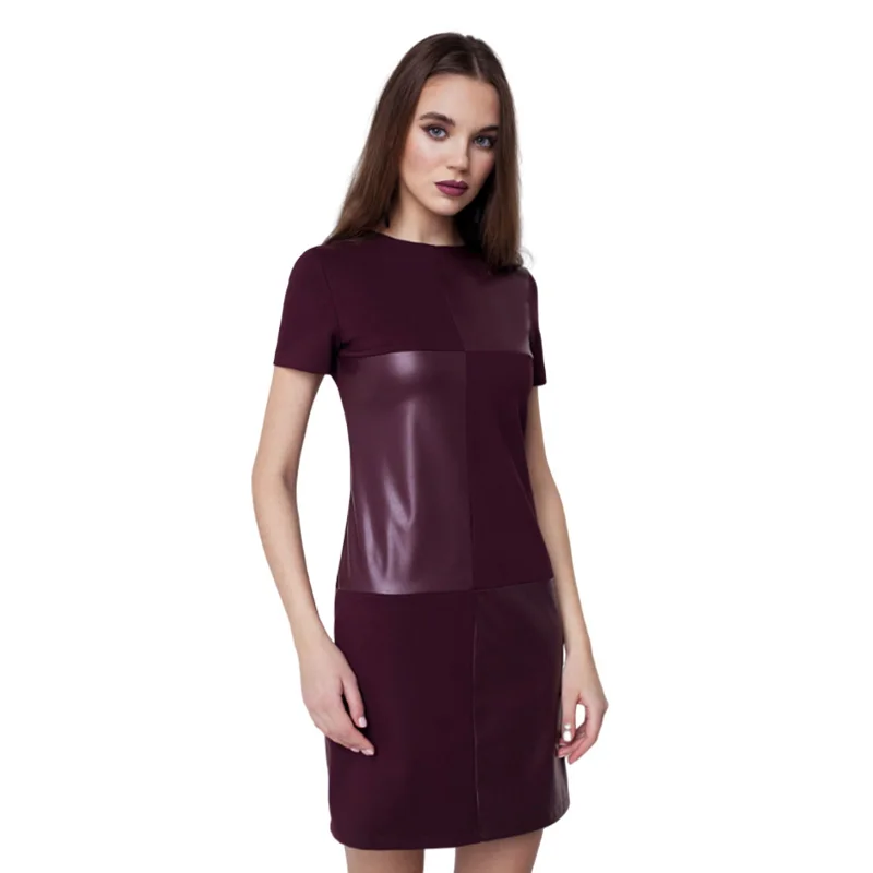Женское повседневное прямое платье из искусственной кожи с коротким рукавом и