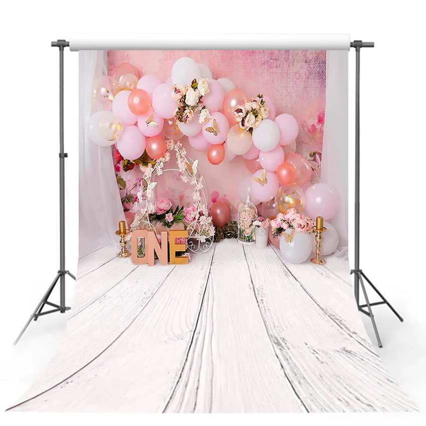 Фон для фотосъемки с изображением девушки на 1-й День рождения розовые воздушные