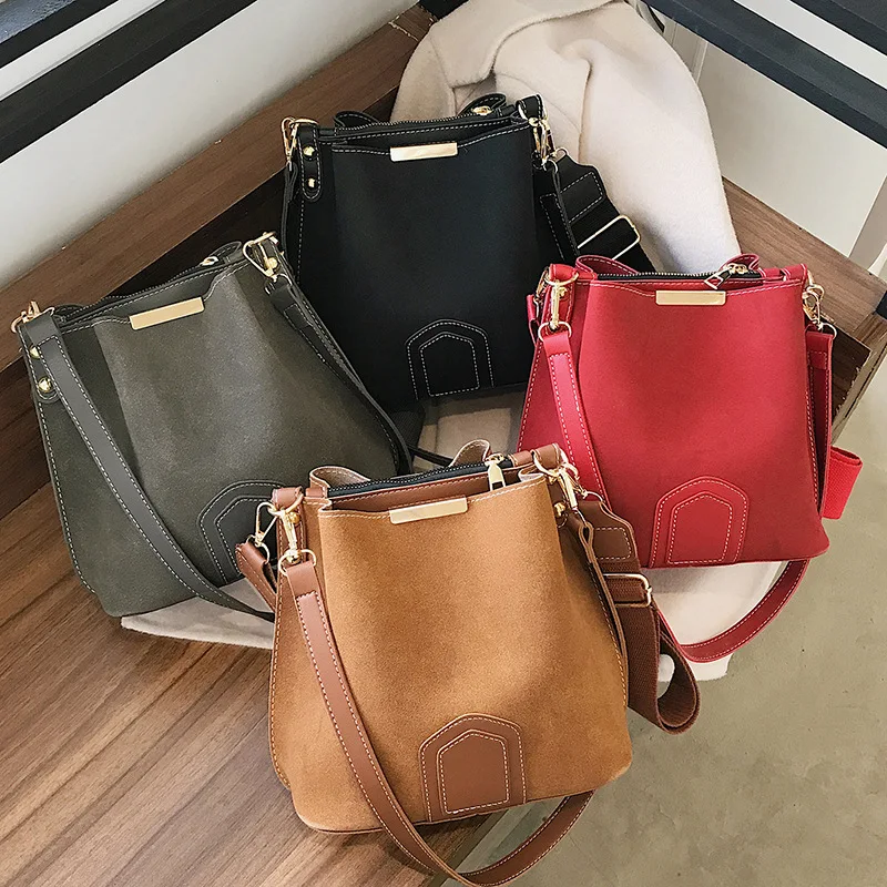 

Vintage Scrub Leather Bucket Bags for Women 2021 Trending Designer Crossbody Shoulder Handbags Women's Wide Shoulder Belt Bag
