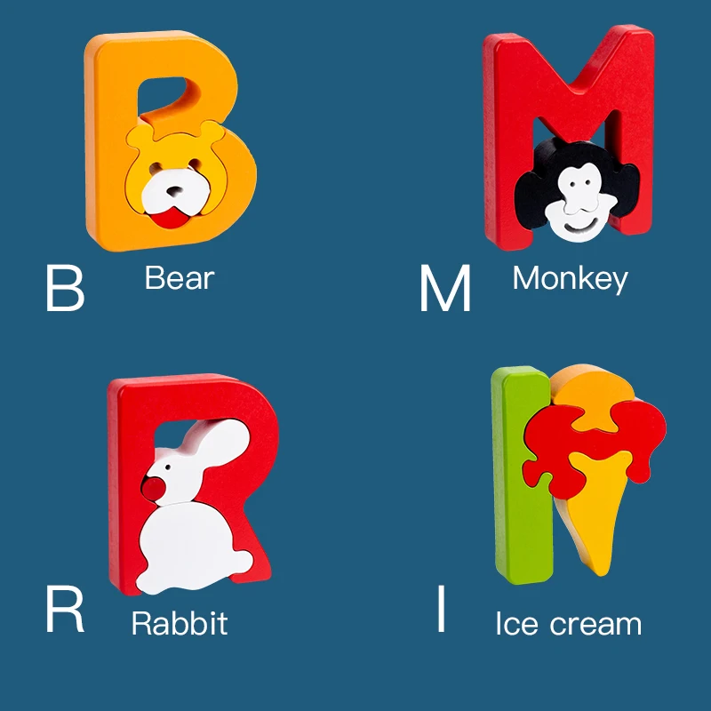 

Children's rainbow wood puzzle 3D Montessori education to learn toy big letters, letters corresponding to words