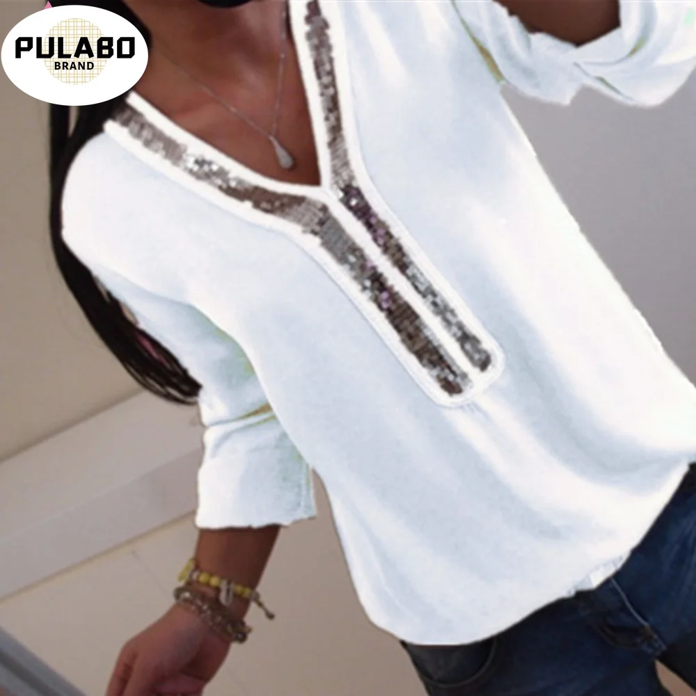 

Women's Sequin Large Blouse 2021 Spring V Neck Long Sleeve Casual Women's Tops And Blouses Chiffon Solid White Female Tops Shirt