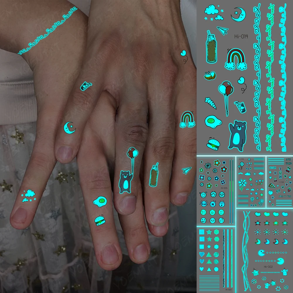 

Luminous Waterproof Temporary Tattoo Stickers Ladies Men Glowing Rainbow Moon Heart Line Bracelet Body Art Blue Fake Tatto Cool