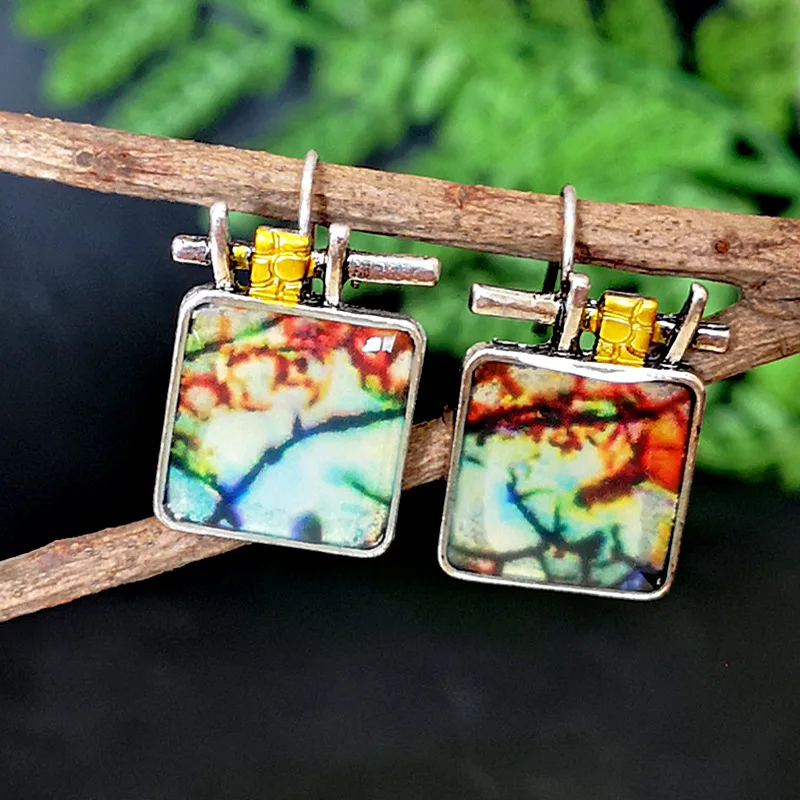 

New Square Colored Glass Branch Pattern Small Earrings For Women Girls Fantasy Two Tone Drop Earrings accesorios mujer Z3D293