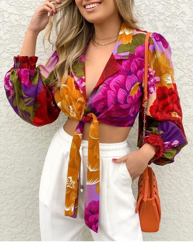 

Floral Print Shirts Women Lantern Sleeve Tie Front Crop Top