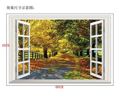 3D Наклейка на стену с изображением окна кленового листа бульвара большая роспись