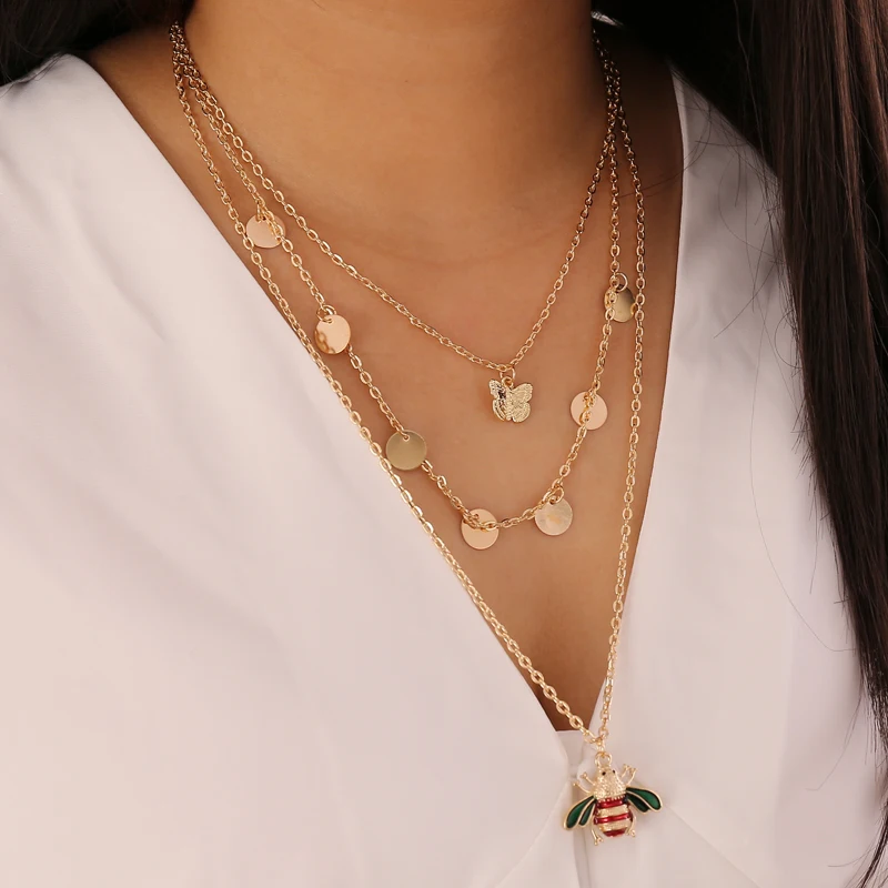 

Ice Meng Summer New Butterfly Bee Disc Pendant Necklace Multi-layer Chain Necklace Fashion Simple Ladies Necklace