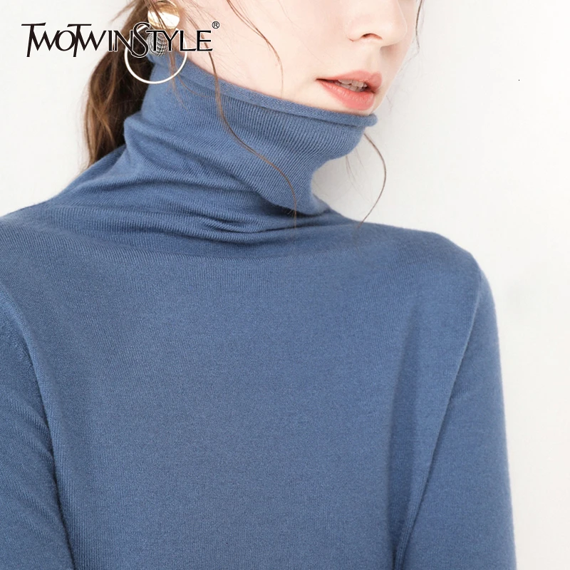 TWOTWINSTYLE Korean Casual Sweater Female Turtleneck Long Sleeve Solid Knitted Sweaters For Women 2020 Autumn Fashion Clothing | Женская