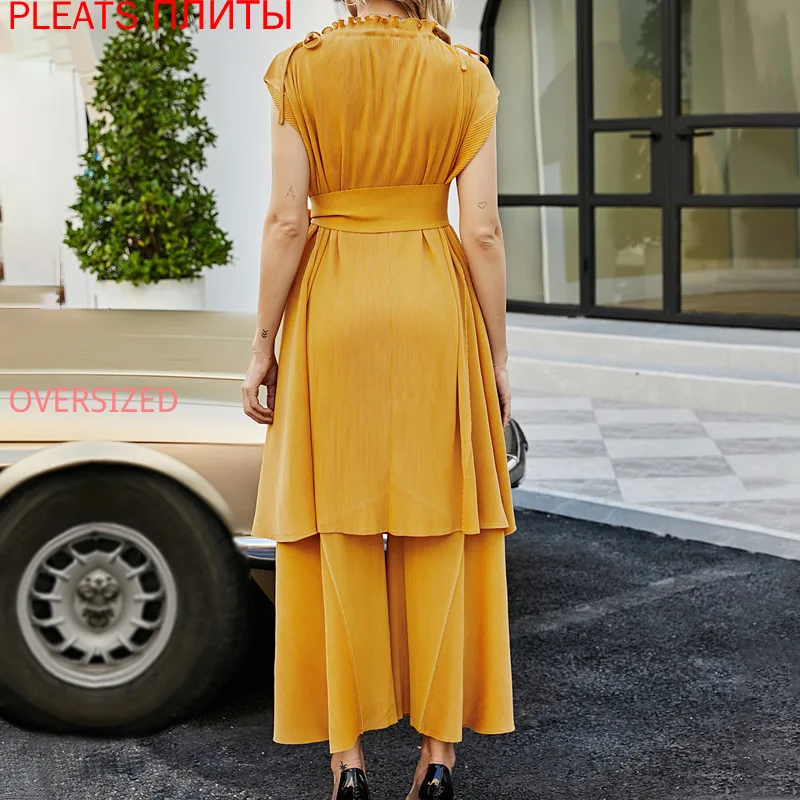 MIYAKE Pleats Spring New Party Lace Up Mid Length Top Loose Trousers Two Piece Set Women's Wide Leg Pants Set