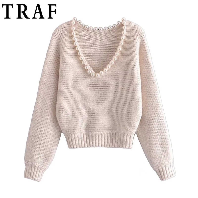 Женский укороченный свитер с искусственным жемчугом длинным рукавом-фонариком -