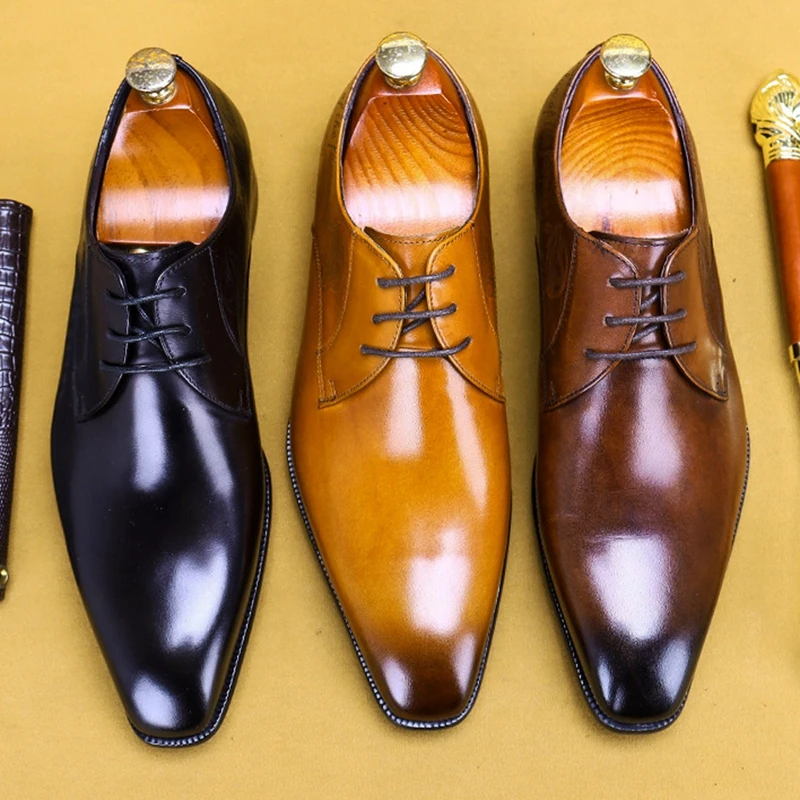 

New Classic Genuine Leather Formal Dress Office Shoes Square Toe Laces Men's Handmade Wedding Party Oxfords For Bridal AS386