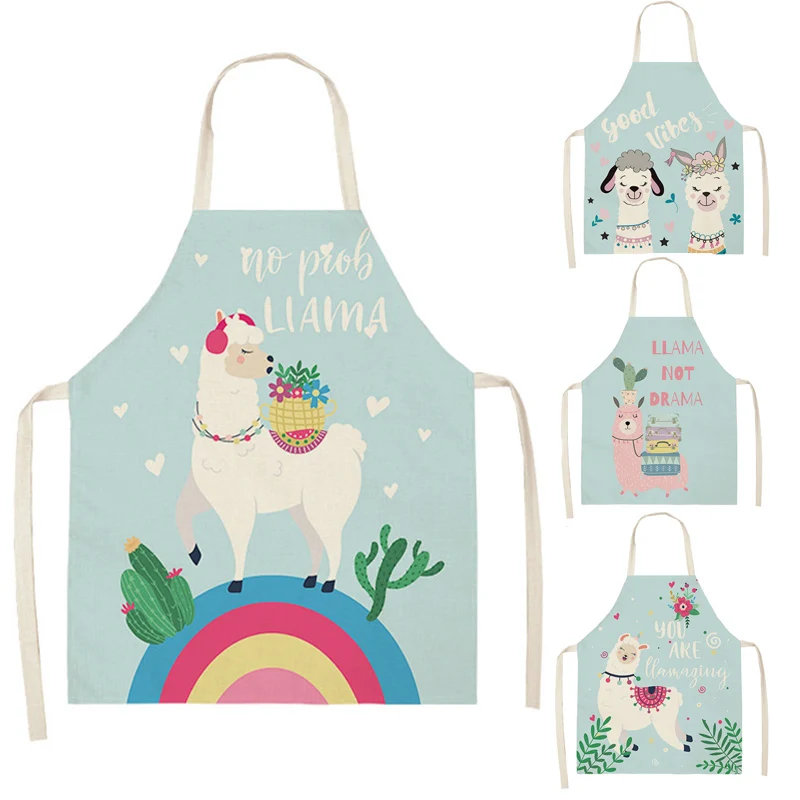

Alpaca llama Cactus Printed Cotton Linen Sleeveless Aprons Kitchen Women Pinafore Home Cooking Baking Waist Bib 66x47cm
