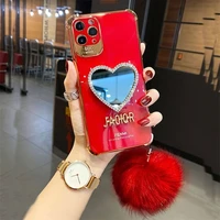 luxury plating love heart mirror hairball phone case fashion glitter soft silicone cover