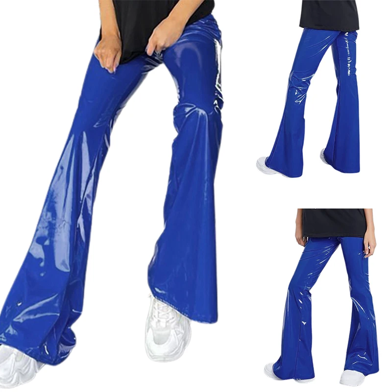 

Kayotuas Women Flare Pants Loose Elastic High Waist Stretch Solid Color Blue Black Wide Leg Casual Ladies Bottoms PU Streetwear