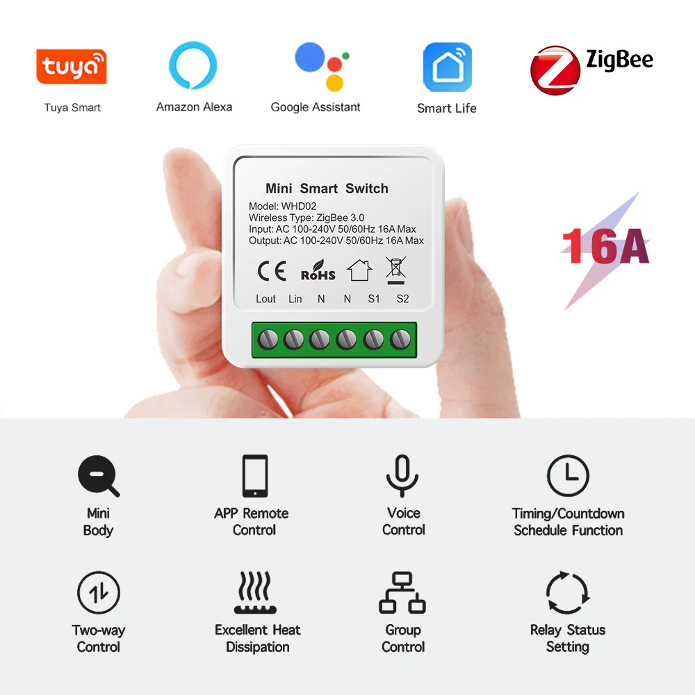 

Умный выключатель Tuya Mini Zigbee, двухсторонний модуль управления 16 А, для умного дома, с дистанционным управлением голосом и таймером, для Alexa Googl