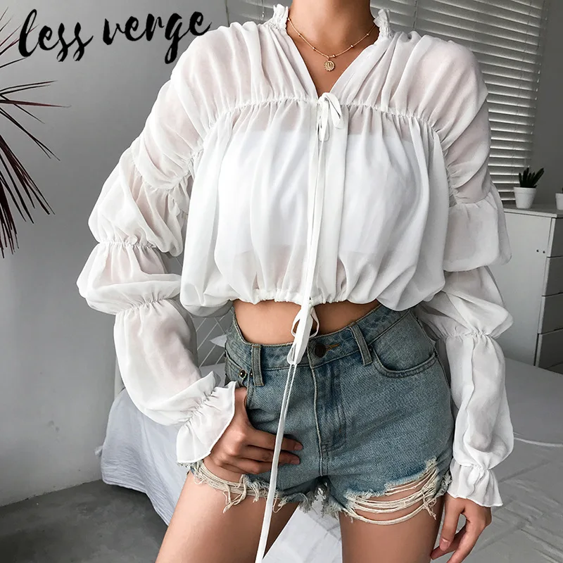 Lessverge элегантная шифоновая Бохо белая блузка рубашки для женщин на шнуровке с