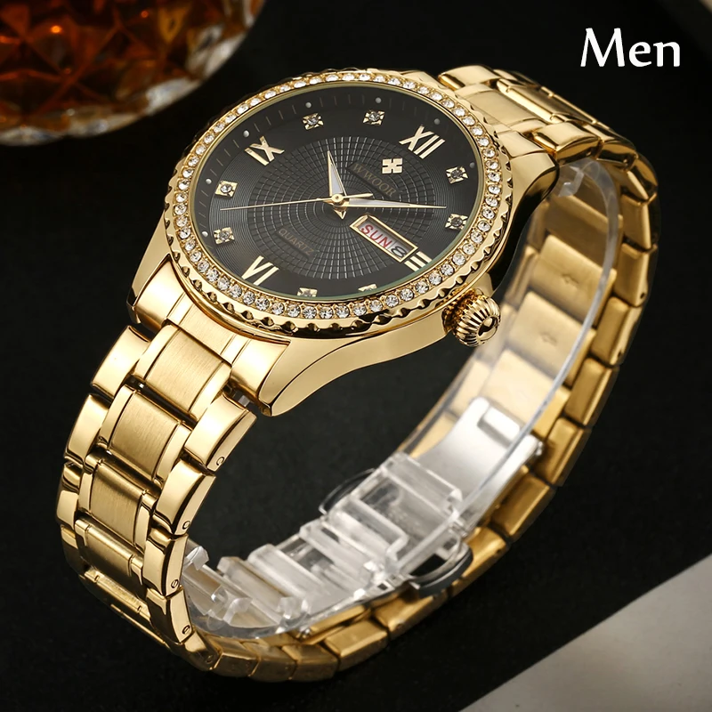 WWOOR Couple Watches 2022 Luxury Diamond Gold Stainless Steel Quartz Lover Watches Gifts For Men And Women Clock Pair Watch Box