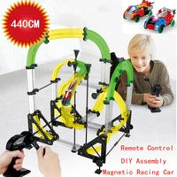 440cm long railway racing tracks play set remote control magnetic racing car diy assembly child brain game competitive racing to