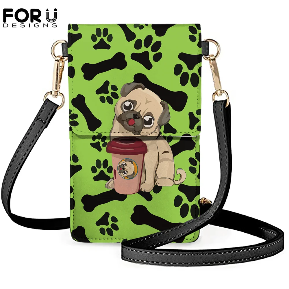 

FORUDESIGNS Women Shoulder Bag Crossbody Touch Screen Phone Pocket Cute Pug With Bone Paw Printed Female Money Purse Handbag