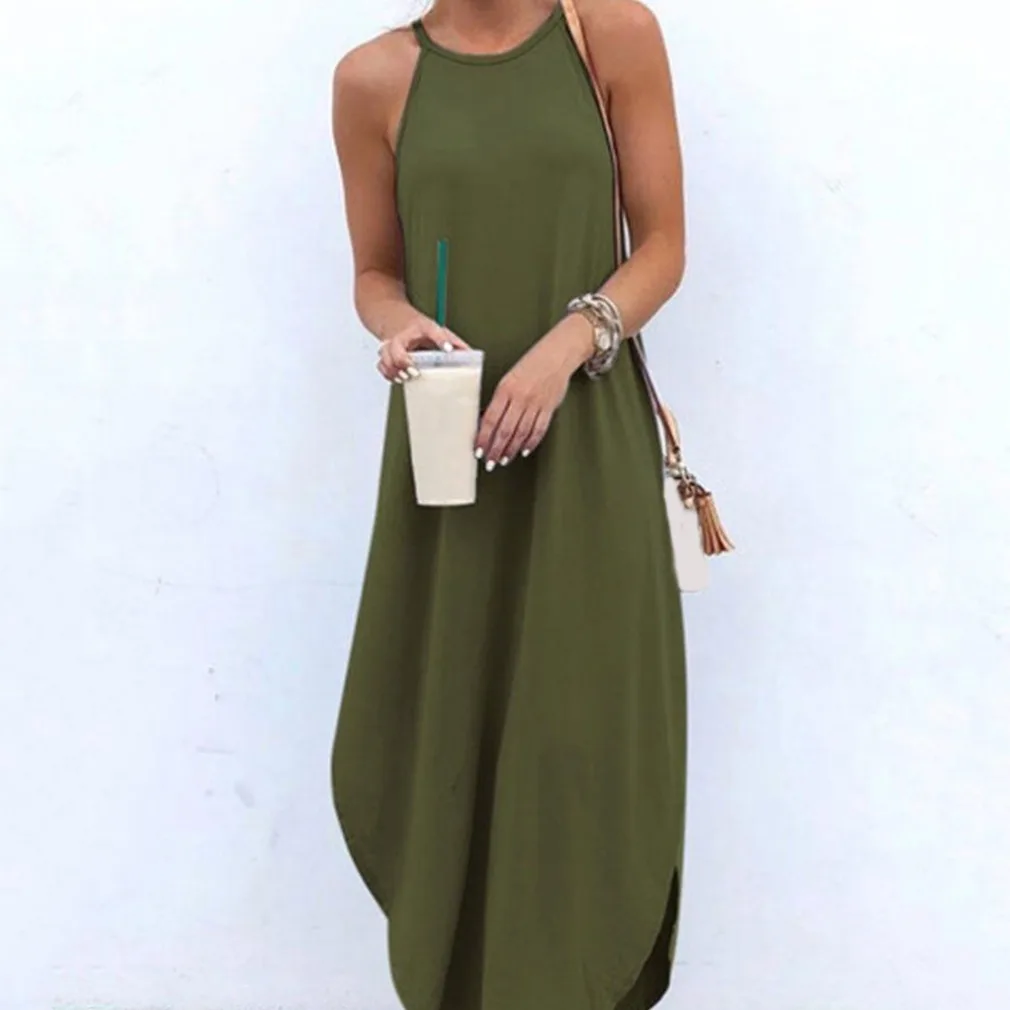 

Women Dress Summer 2021 Casual Sleeveless Halter Solid Beach Long Dress Round Neck Sling Fashion Beach Clothes Plus Size 5XL