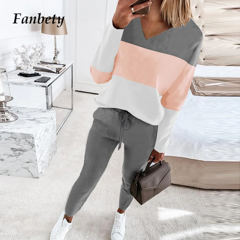 

Fashion Casual Patchwork Anchor Print Tracksuit Two Piece Set Women Elegant V-Neck Tops And Long Pant Suit Lady Loose Streetwear