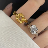 fashion vintage lava irregular geometric metal pleated texture crystal rhinestone zircon open adjustable ring for women jewelry