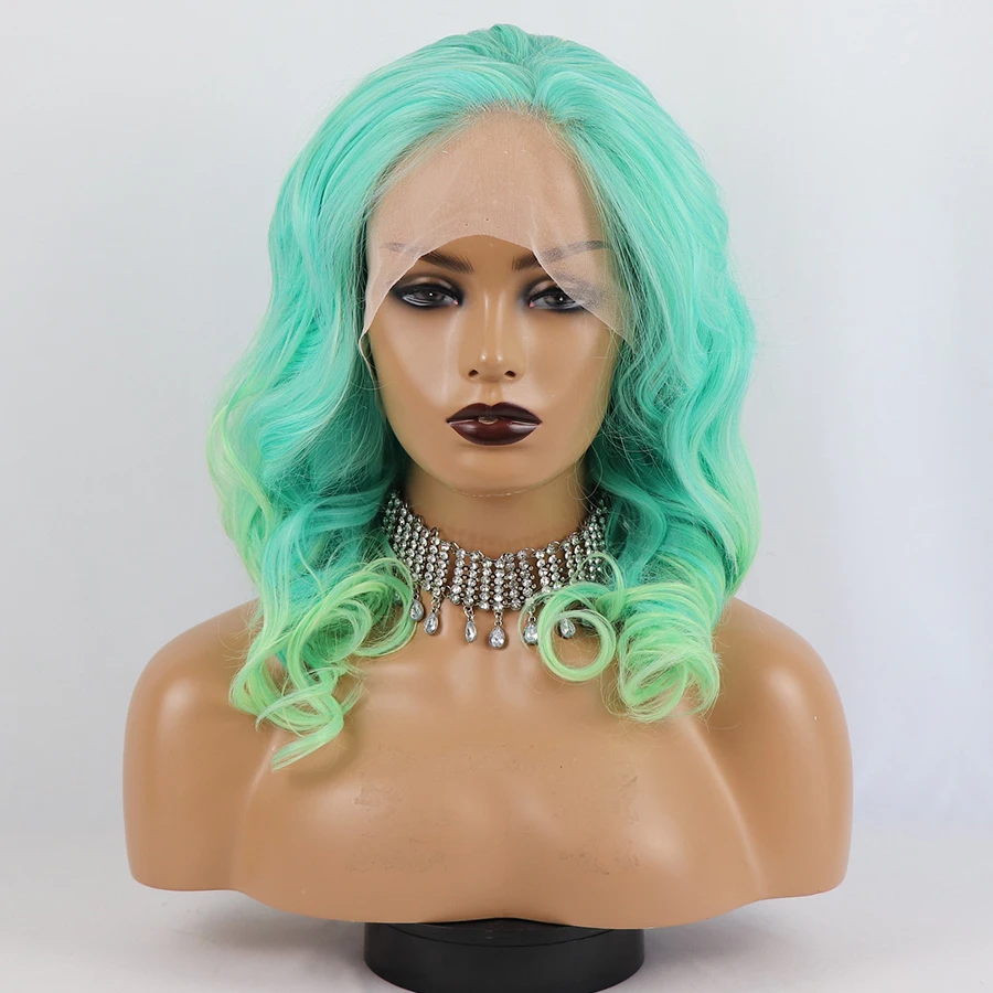Green Ombre Blue Yellow Color Wigs Synthetic Lace Front Wigs Deep Wave Heat Resistant Short Hair Wig For Black Women Cosplay Wig