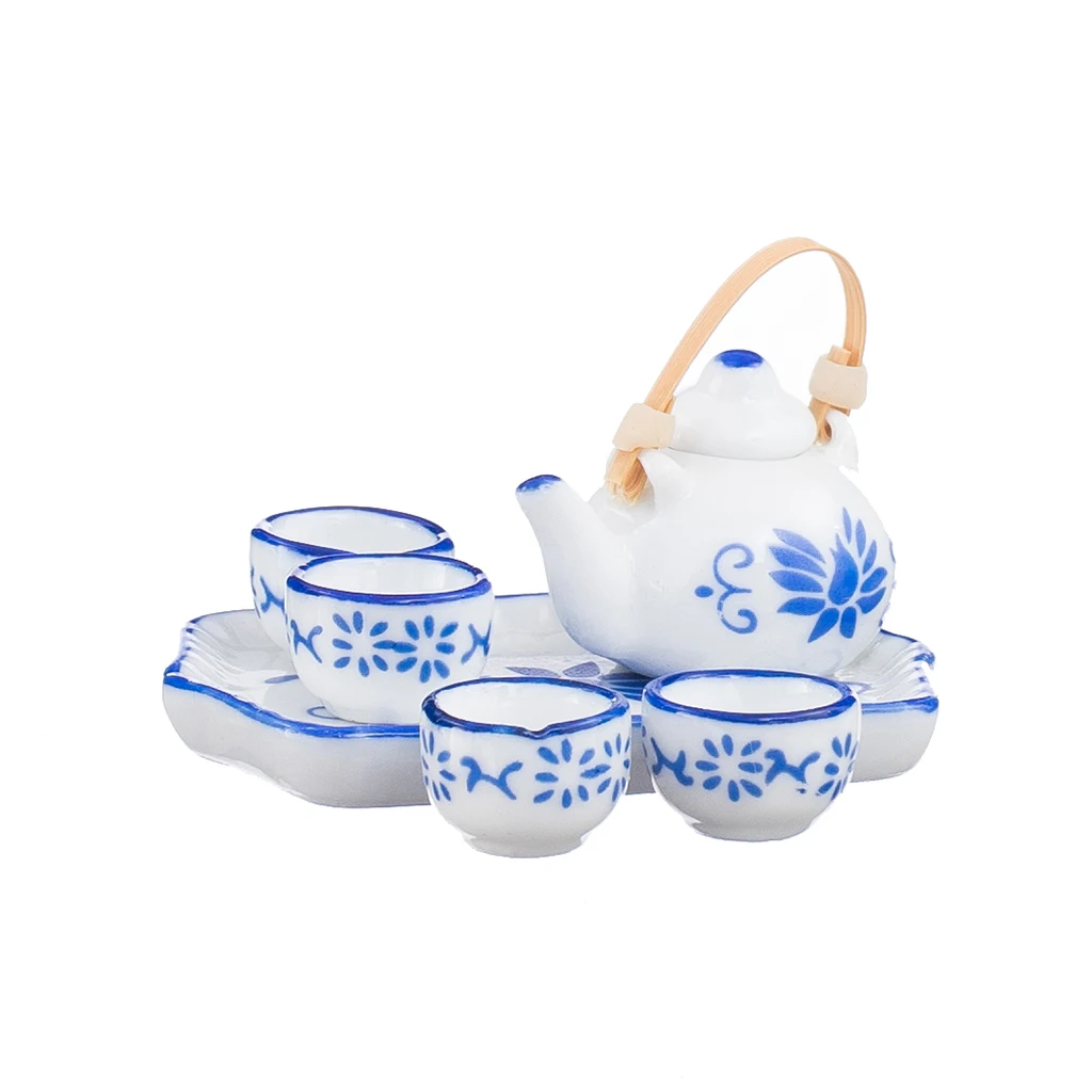 

12th Dolls House Miniature Ceramic Kung Fu Tea Set Pot Cups with Blue Floral