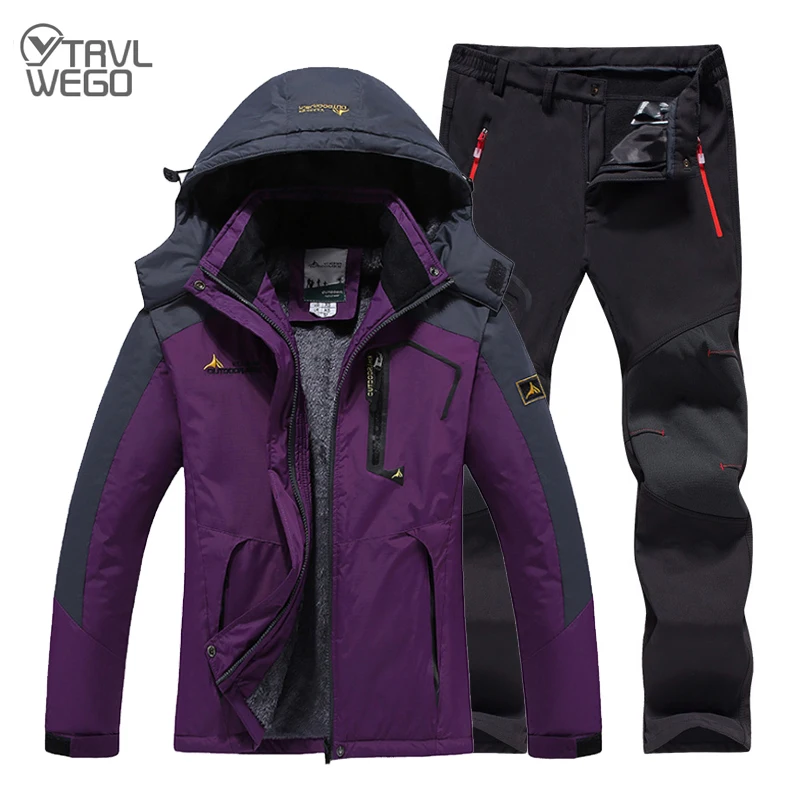 TRVLWEGO Women Winter Trekking Pants And Jackets Fishing Waterproof Thermal Fleece Hiking Skiing Camping Climbing Outdoor Suit