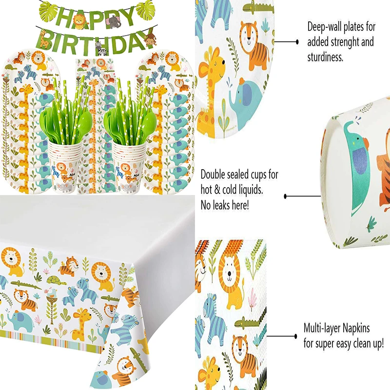 

97Pcs/Set Kid Birthday Party Decorations Baby Shower Disposable Tableware Set Jungle Safari Party Decor Paper Plates Cups Banner