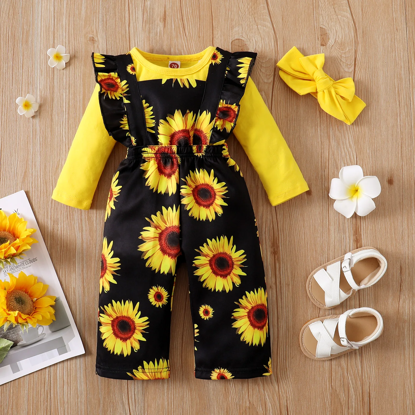 

Комбинезон с длинным рукавом для маленьких девочек от 0 до 24 месяцев, комплект из 3 предметов, однотонная одежда на осень, подтяжки с подсолну...