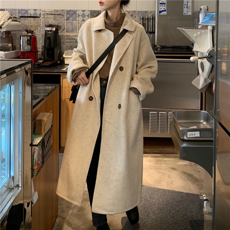 

Женское шерстяное двубортное пальто Ulzzang, однотонное свободное универсальное пальто с воротником-костюмом, повседневное шикарное пальто в ...
